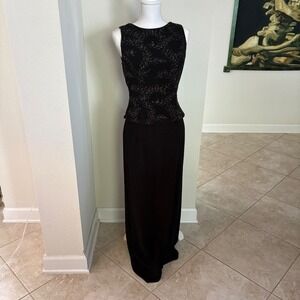 Vintage Y2K Scott McClintock Millennium 2000 Black Floral Evening Gown Size 8